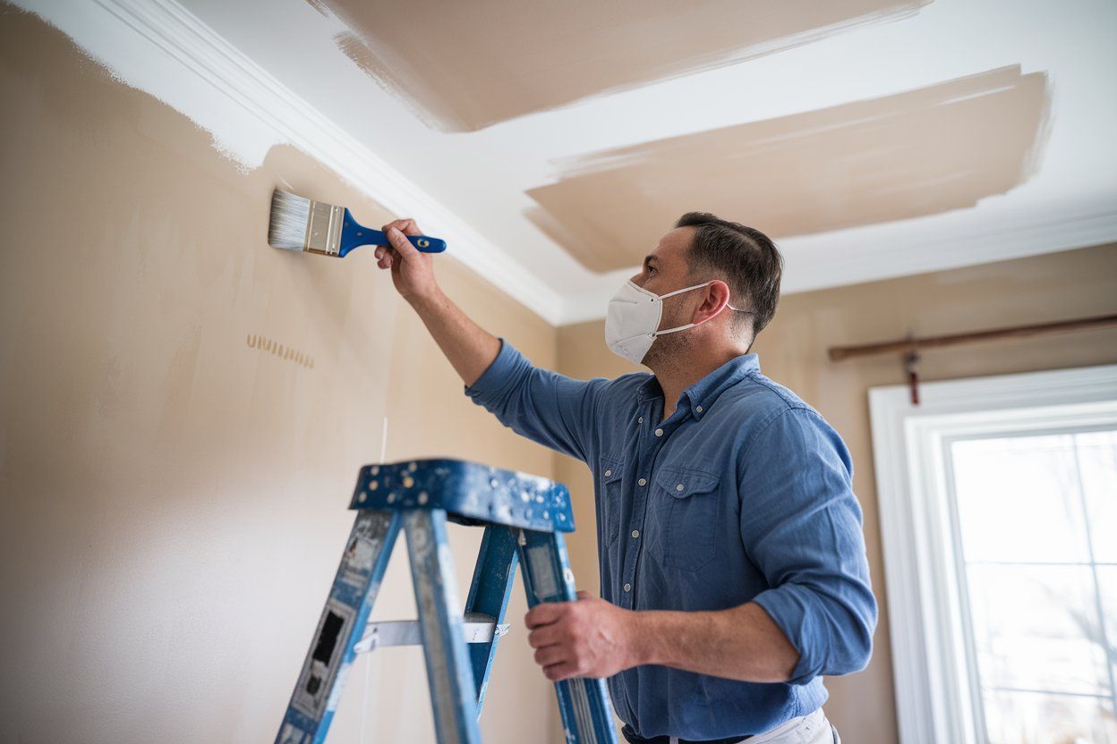 A man wearing a mask is painting the ceiling of a room.