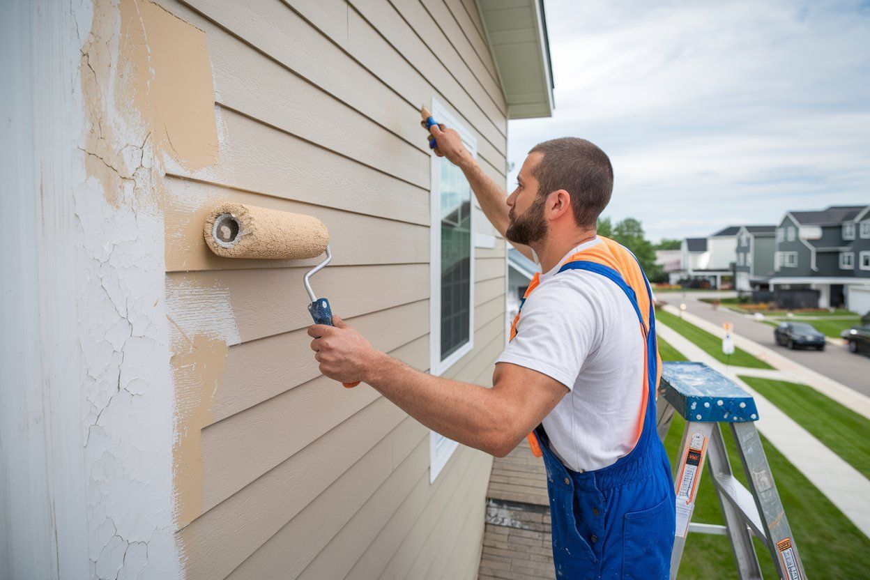 A man is painting the side of a house with a roller.