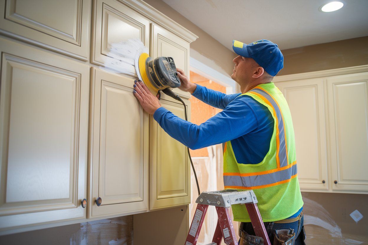 A man is sanding cabinets in a kitchen with a sander.