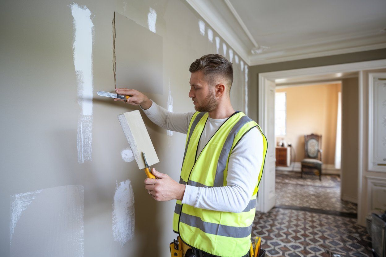 A person is plastering a wall with a trowel.