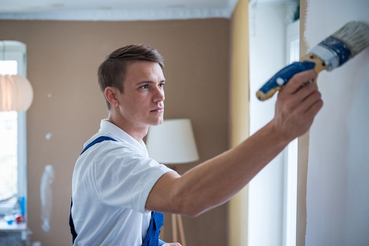 A man is painting a wall with a brush.