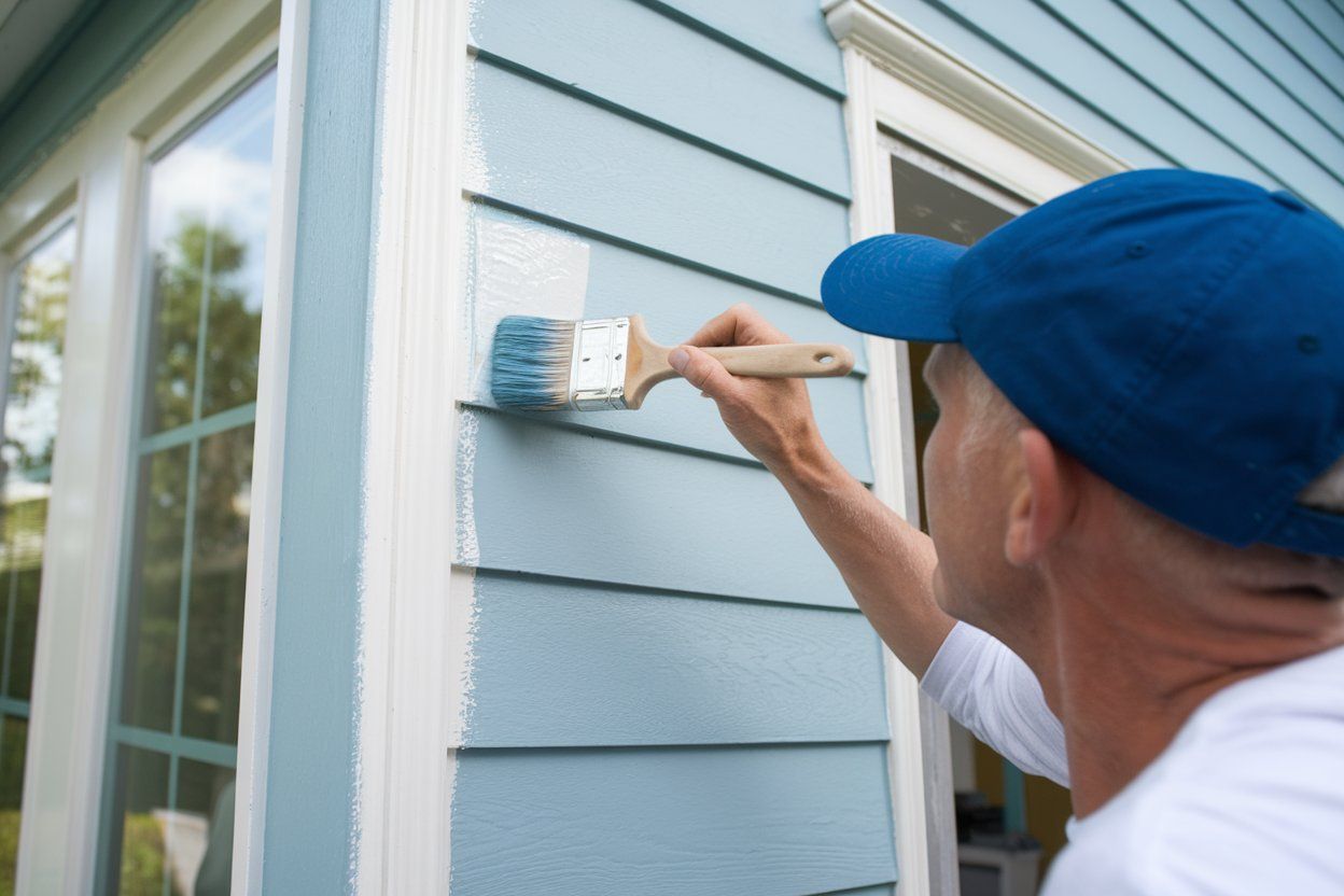 A man is painting the side of a house with a brush.