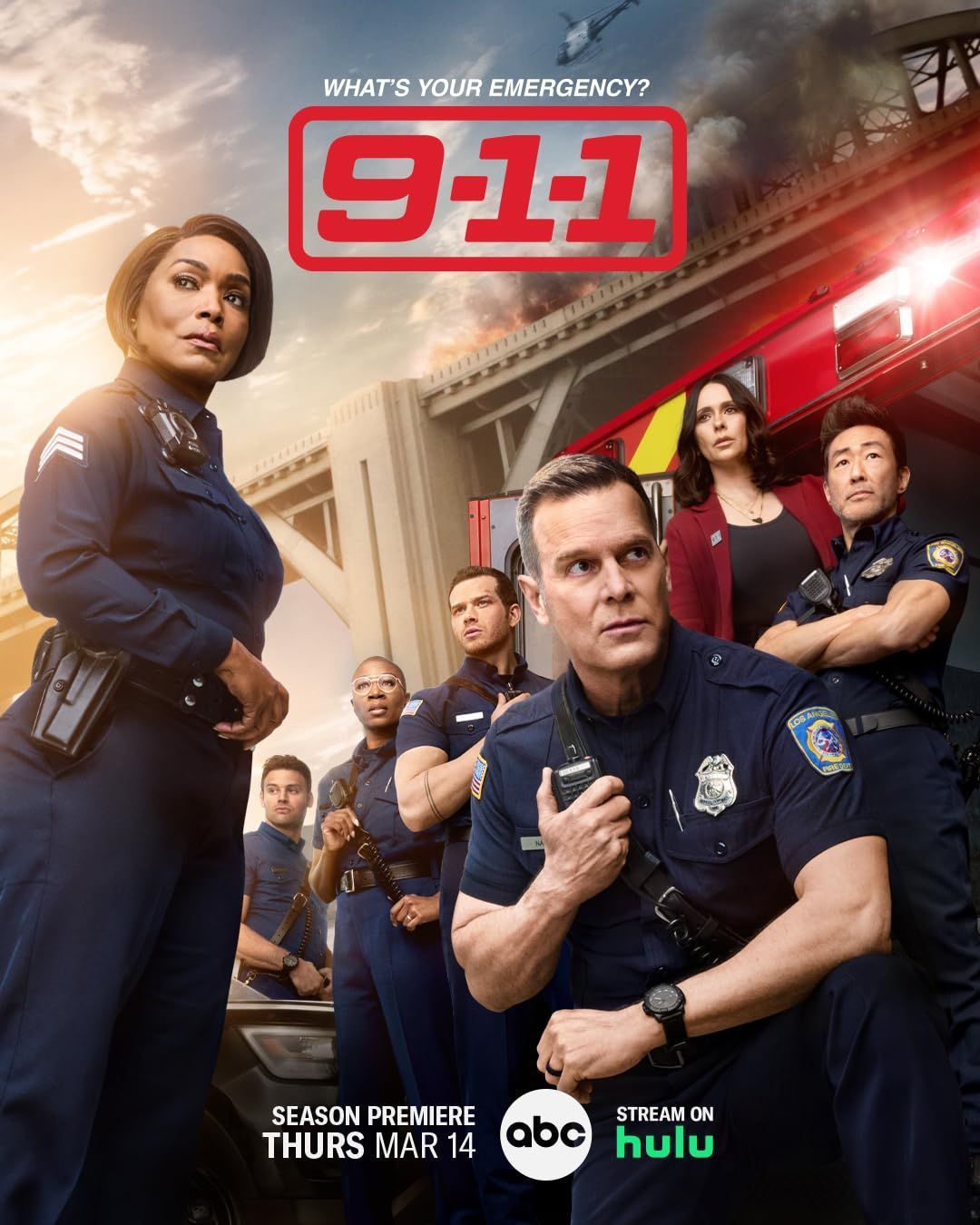 A poster for the tv series 911 with a group of police officers standing next to each other.