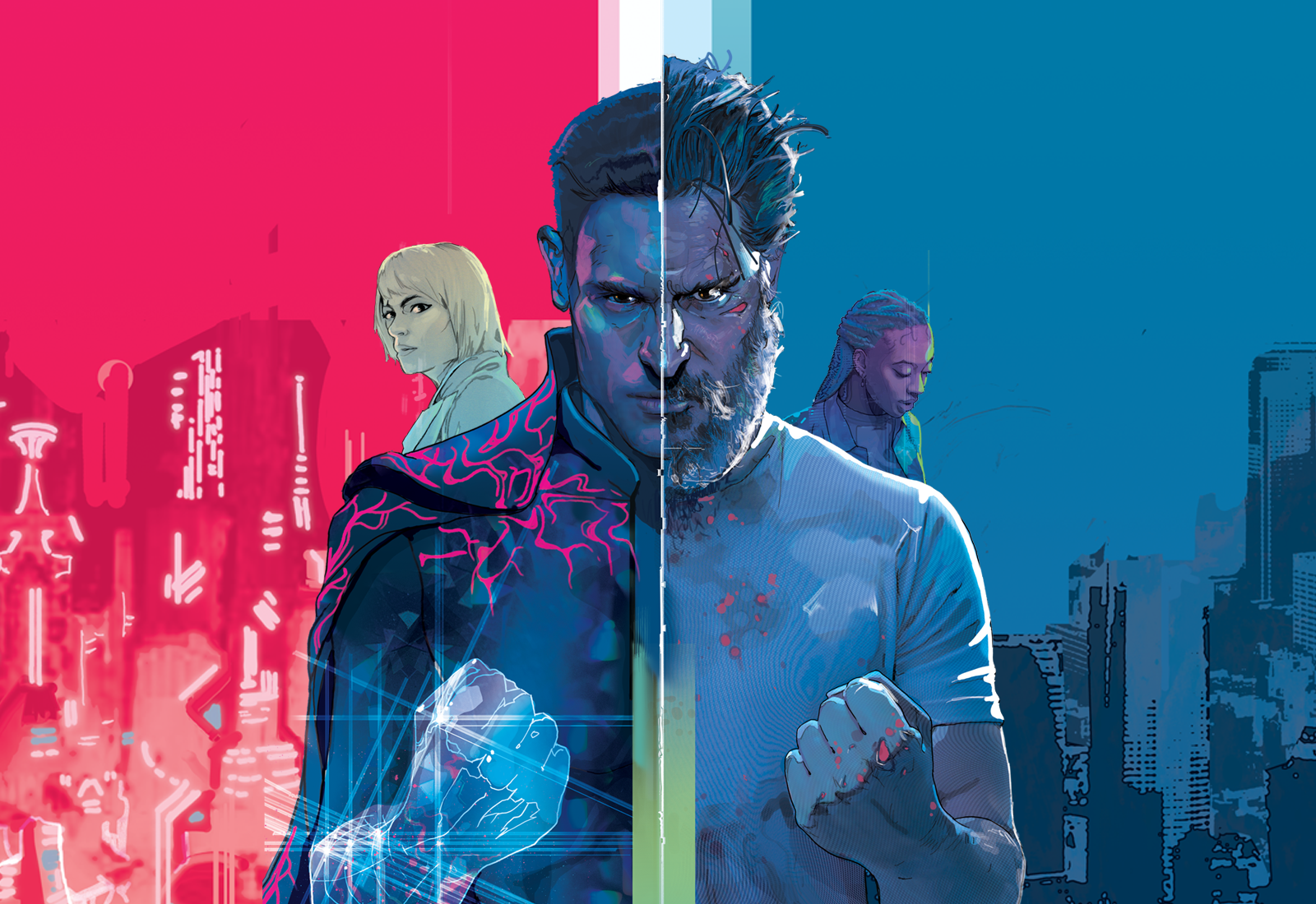 A movie poster for Archenemy showing a man with a beard is standing in front of a city.