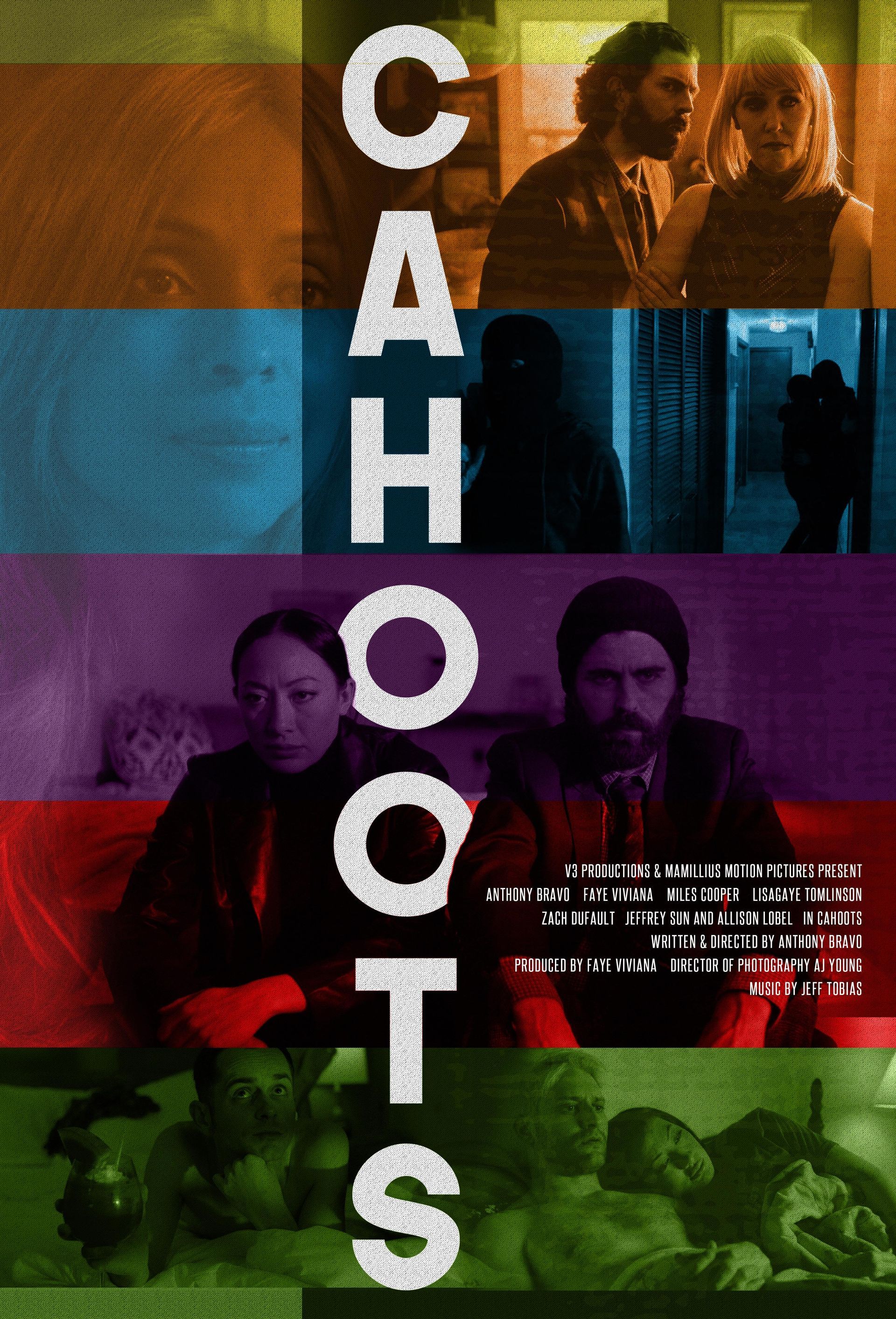 A movie poster for Cahoots shows a man and a woman sitting on a couch.