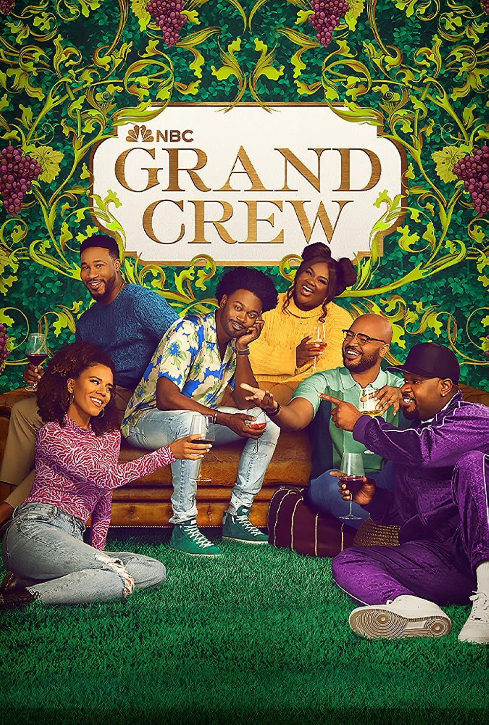 A poster for the tv series The Grand Crew showing a group of people are sitting on a couch.