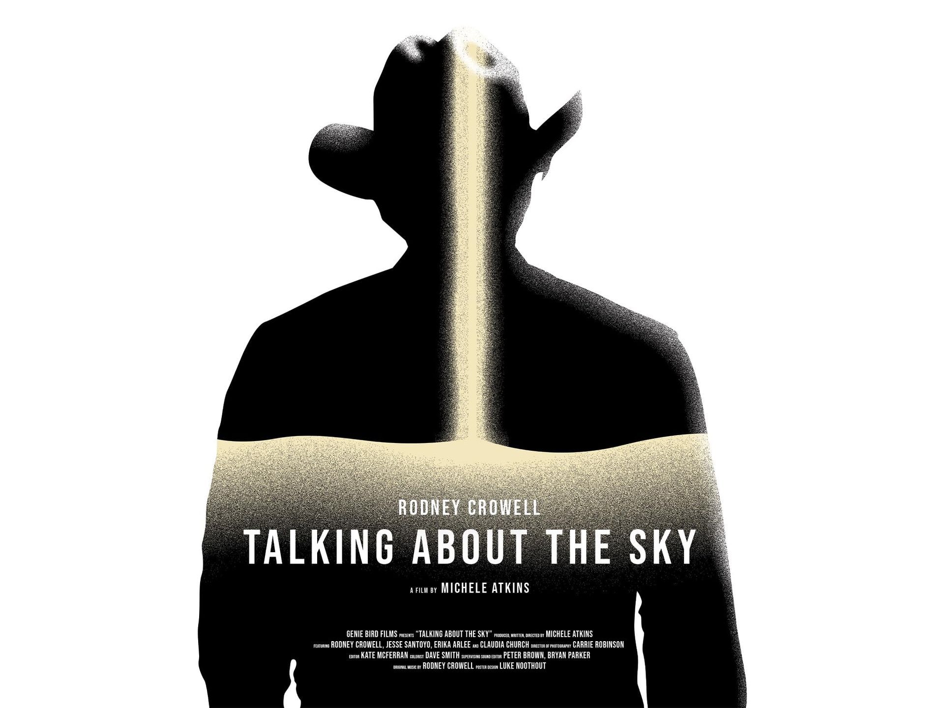 A movie poster for Talking About the Sky shows a silhouette of a man wearing a cowboy hat.