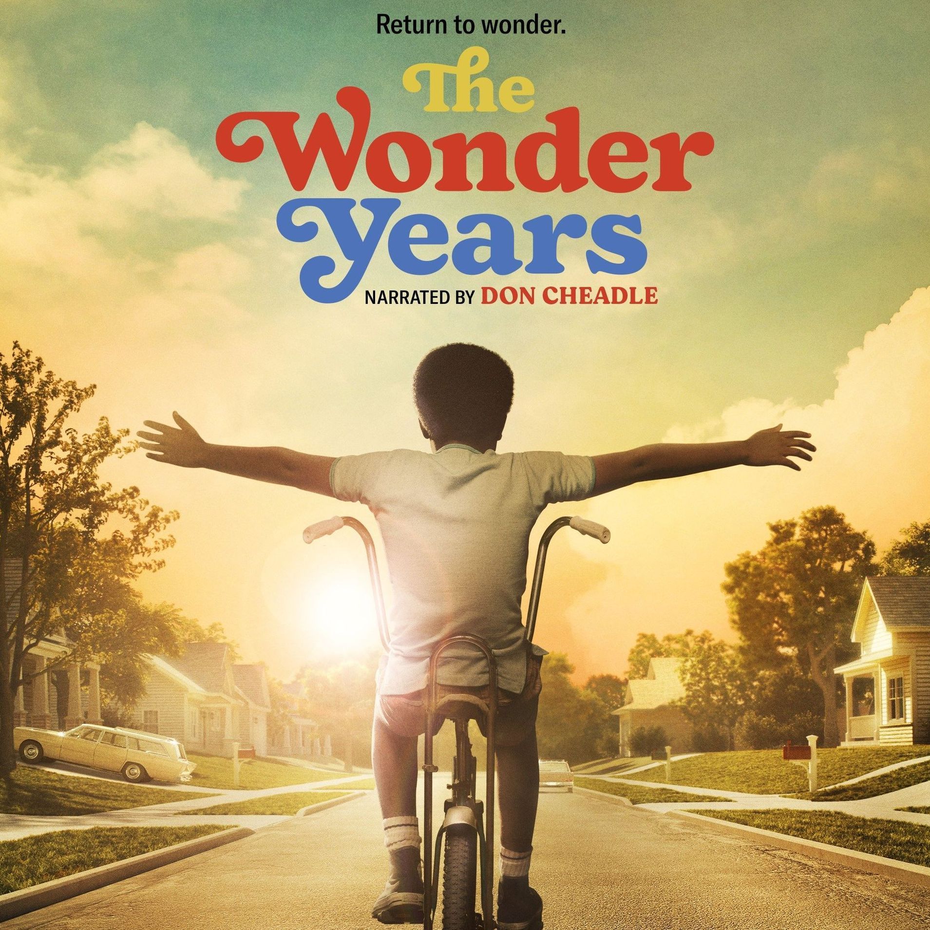 A poster for the tv series The Wonder Years showing a young boy riding a bike.
