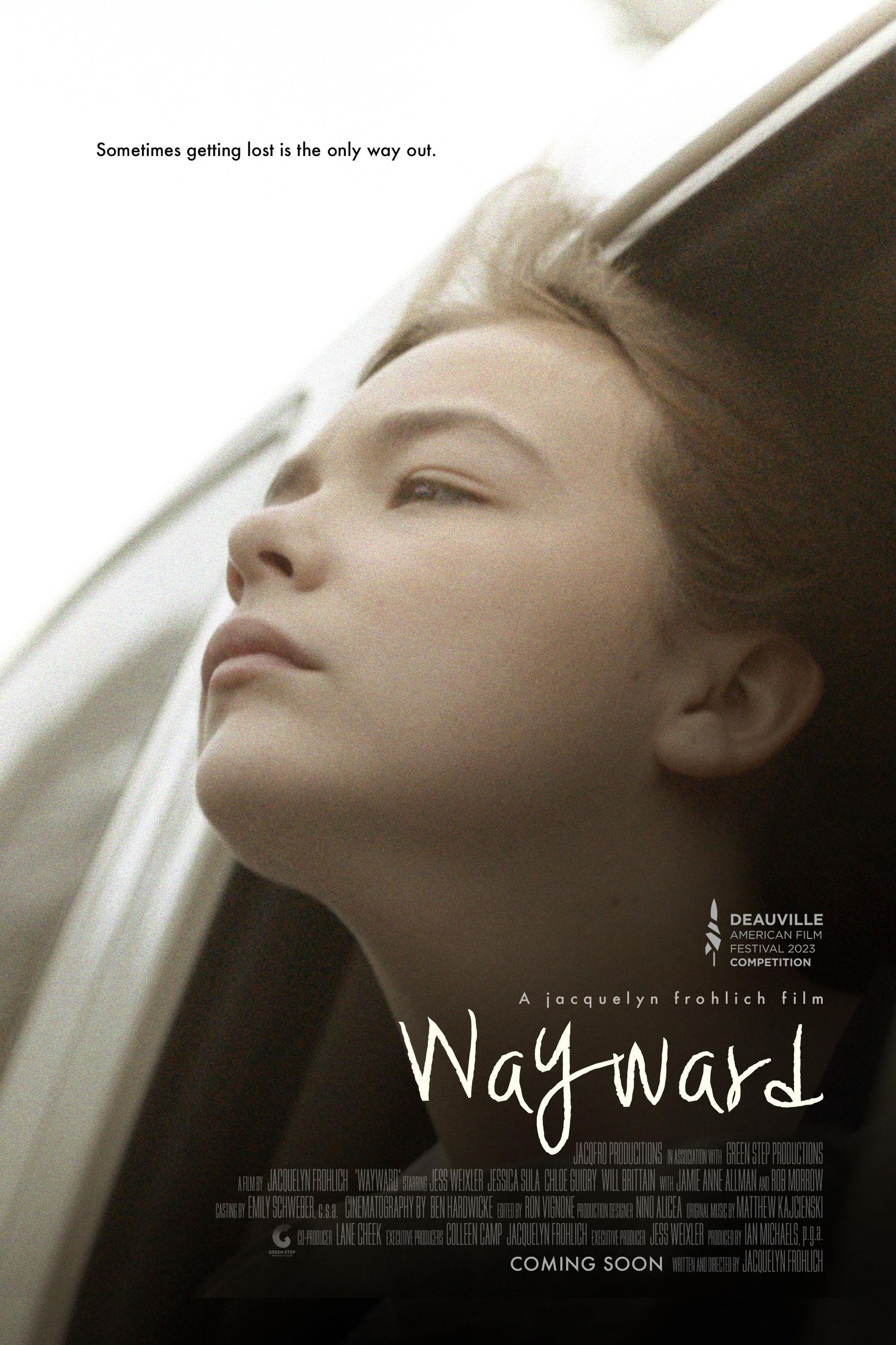 A movie poster for Wayward shows a young girl looking out of a car window.