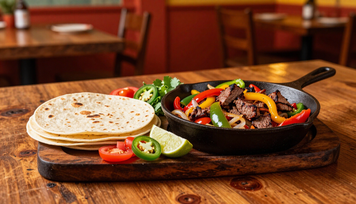Sizzling Tex-Mex fajitas in a cast-iron skillet