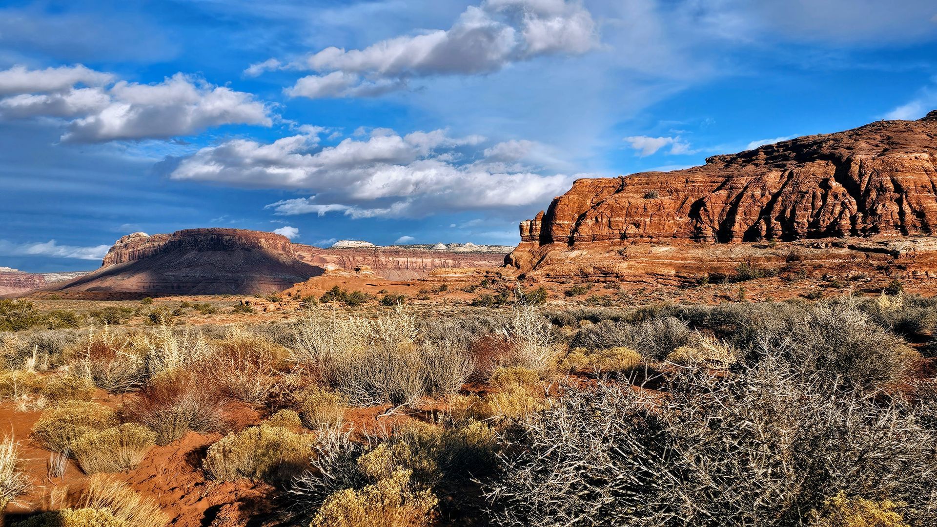 A desert landscape with mountains in the background and a blue sky with clouds