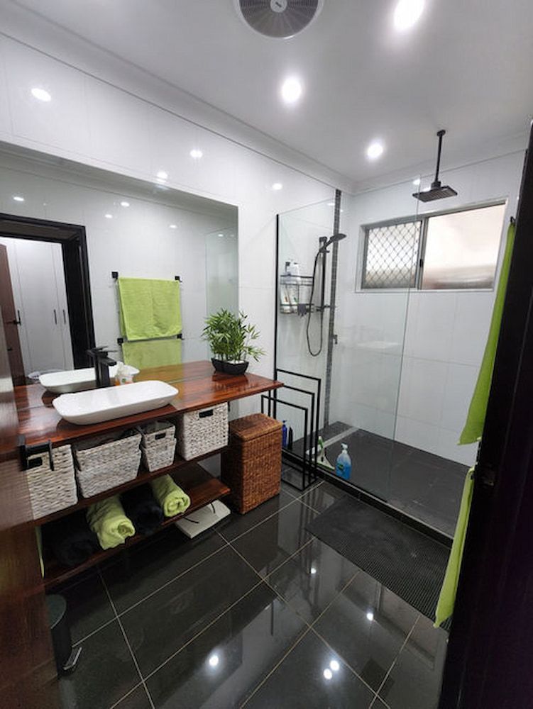 A Bathroom With Two Sinks, A Mirror And A Walk In Shower — DAVMAC Plumbing in Wauchope, NSW
