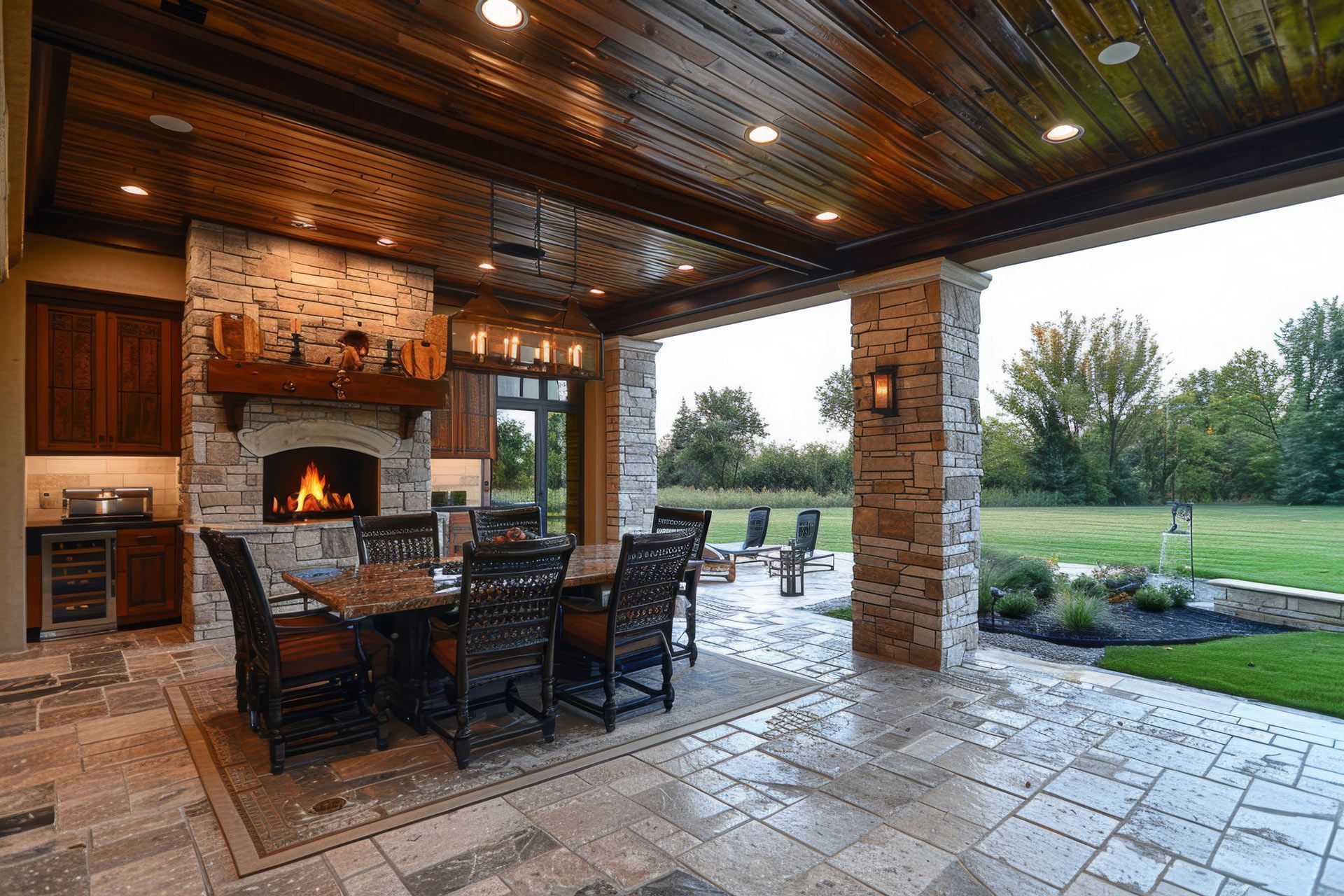 Covered patio with fireplace, dining table, and outdoor seating. Stone columns and wood ceiling.