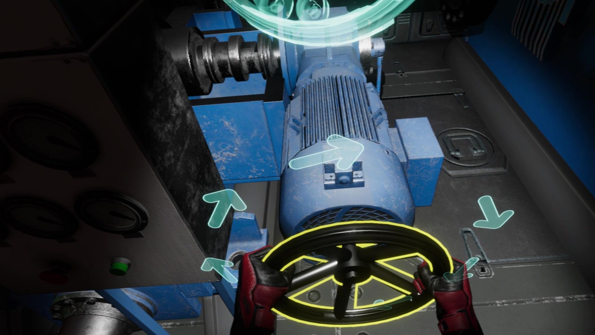 Une personne tient un volant dans un jeu vidéo.