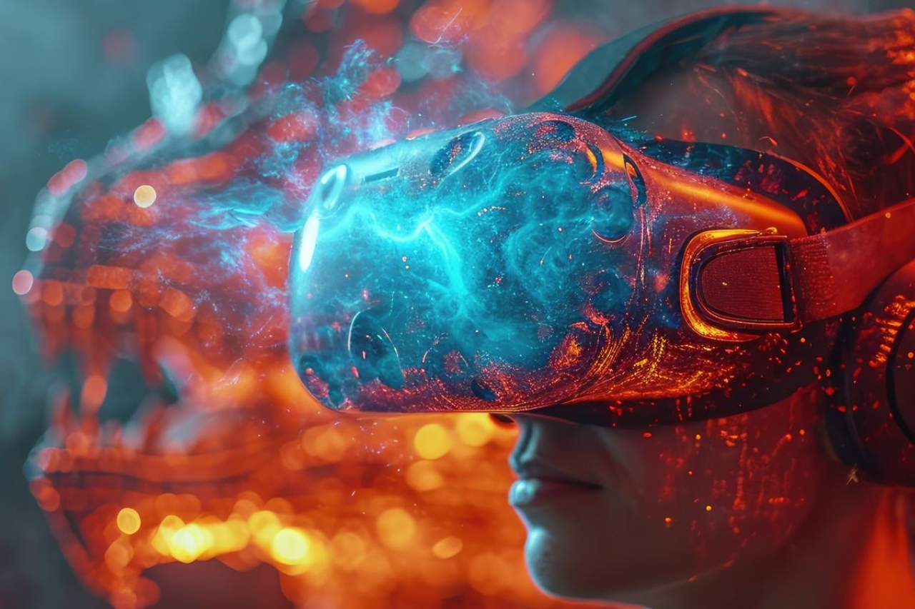 Une femme porte un casque de réalité virtuelle avec un dragon qui en sort.