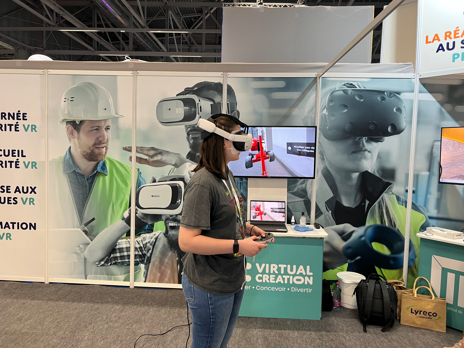 A woman wearing a virtual reality headset is playing a game.