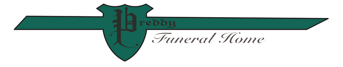 Logo of a funeral home with a green shield and banner. Text reads 