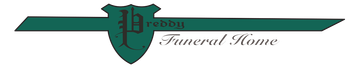 Logo of a funeral home with a green shield and banner. Text reads "Preddy Funeral Home."