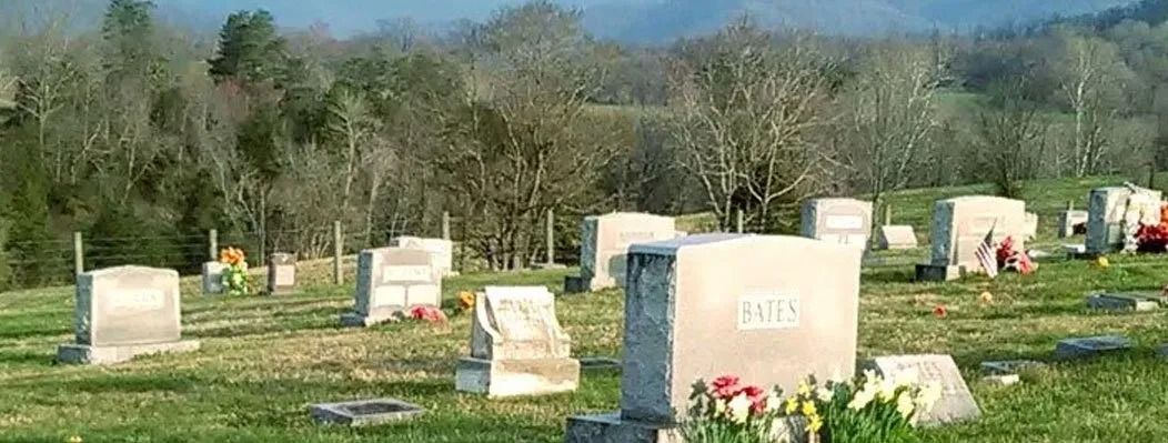 A cemetery with headstones on a grassy hill, trees in the background, and mountains visible in the distance.