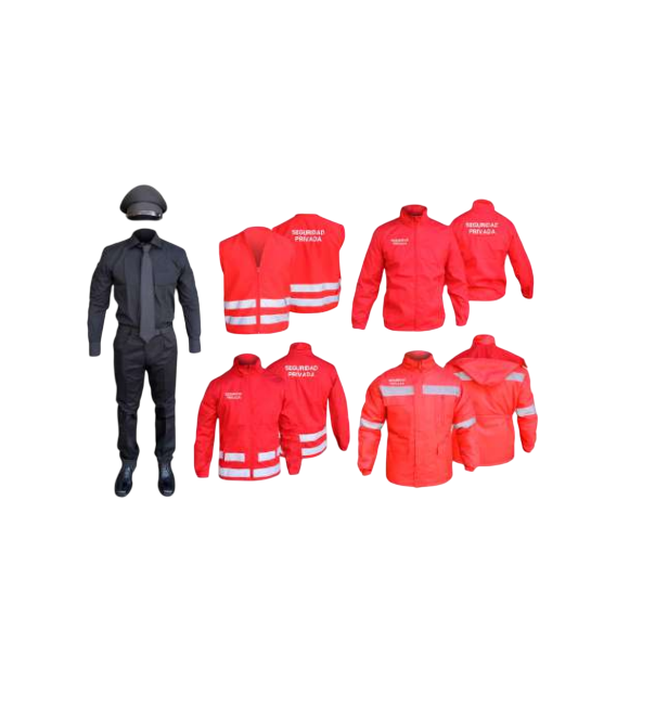 Varios uniformes y equipos para trabajadores de emergencia, incluidas chaquetas rojas, chalecos y un uniforme completo.
