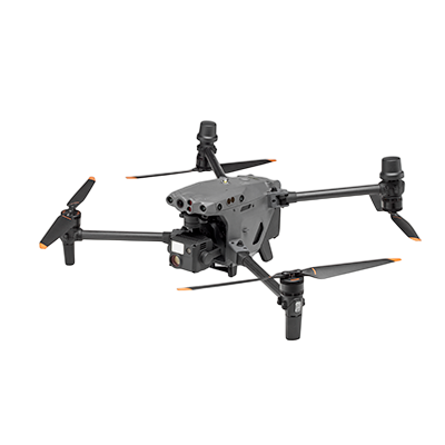 Dron gris oscuro con cuatro hélices, módulo de cámara y varios sensores.