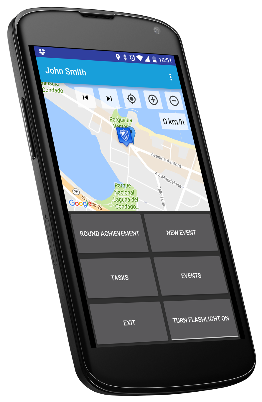 Un smartphone negro muestra una aplicación de navegación. El mapa muestra una ciudad con botones de ubicación.
