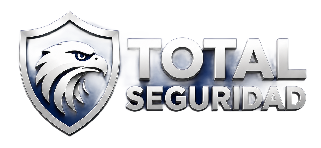 Logotipo de una empresa de seguridad. Un escudo azul con la silueta amarilla de un guardia de seguridad 
