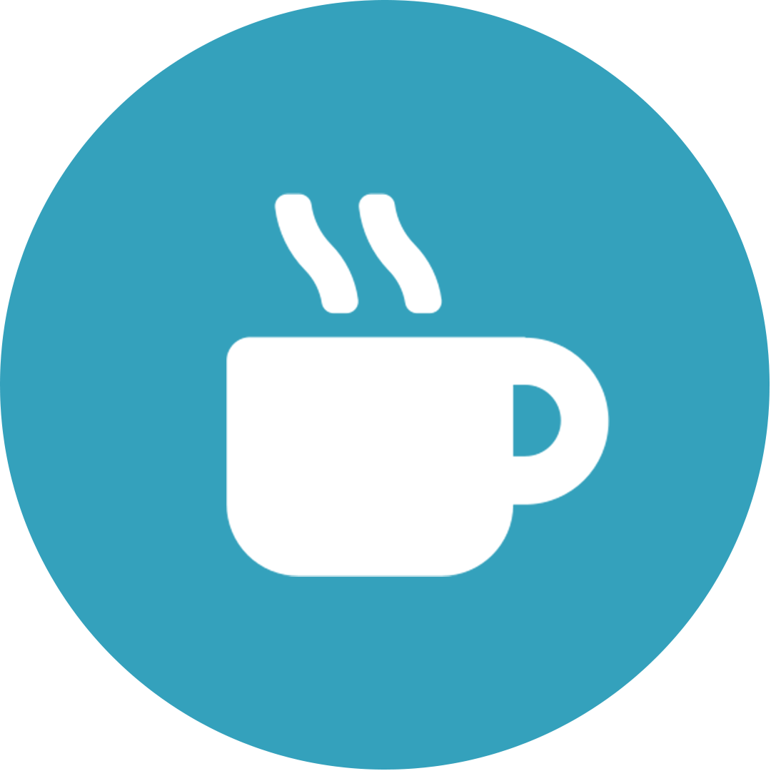 White coffee mug with steam rising, on a blue circular background.