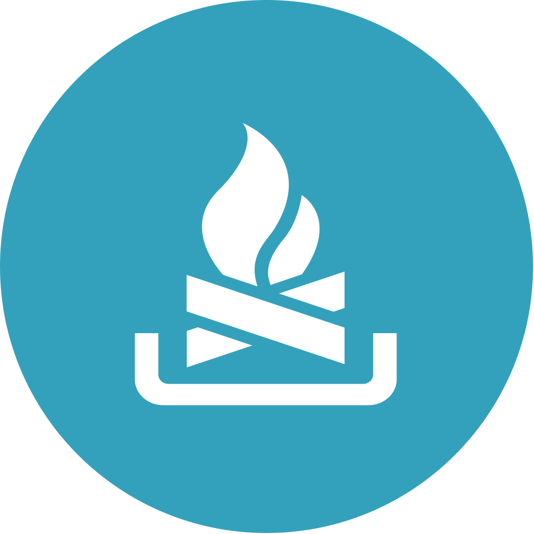 White campfire icon within a teal circle.