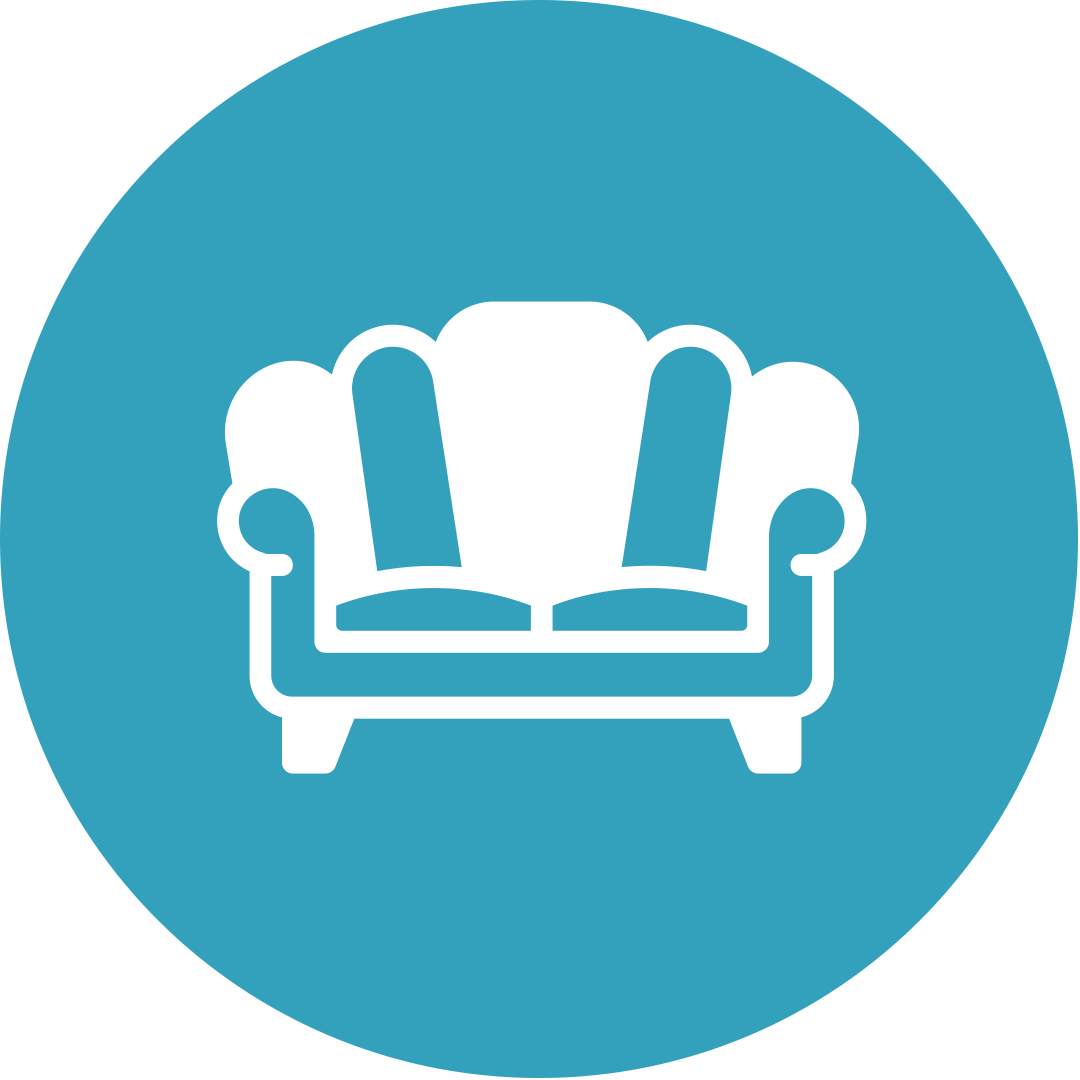 White sofa icon within a teal blue circle.