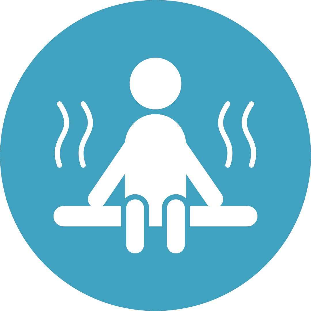 Person sitting on a bench with steam rising on either side, in a blue circle.