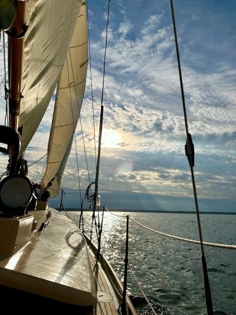 A sailboat is floating on top of a body of water