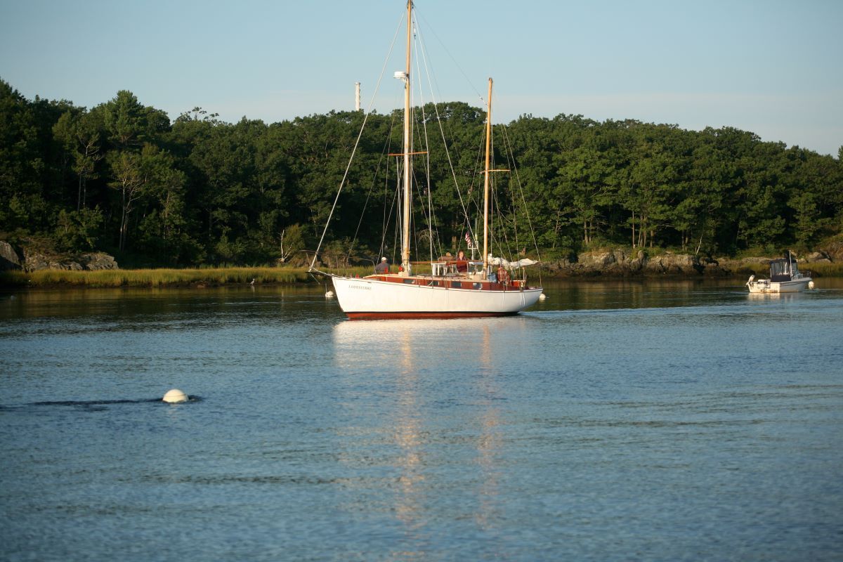 A boat is floating on a body of water with trees in the background
