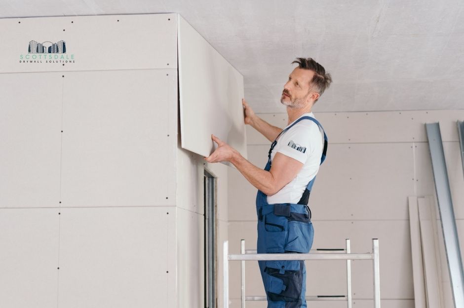 A drywall repair company worker in blue overalls and a white shirt examines and works on white drywall panels on an unfinished commercial wall, standing on a ladder near W Hiddenview Dr, and S 28th Ave, Ahwatukee-Foothills, AZ.