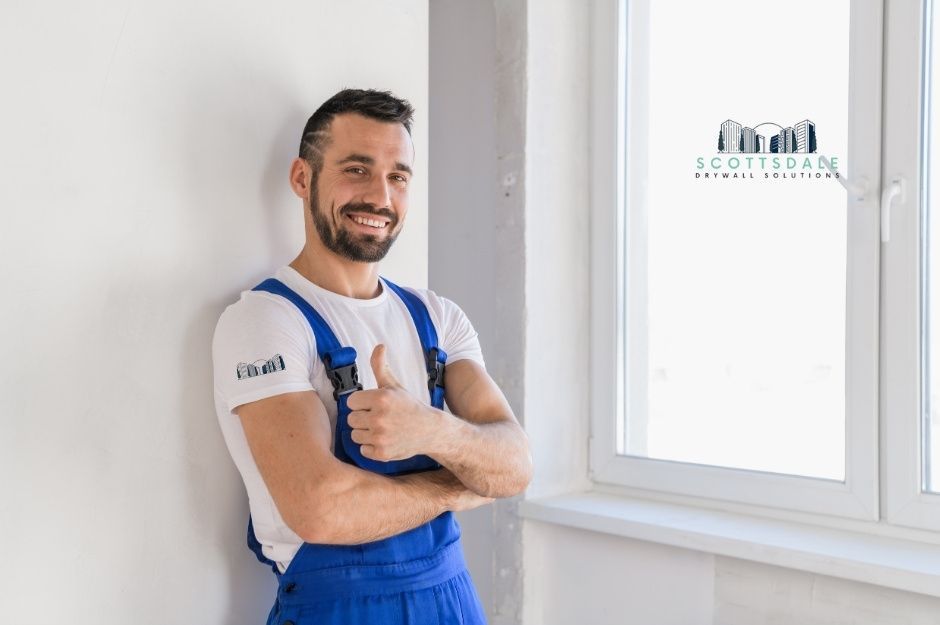 A drywall repair contractor stands confidently with arms crossed, wearing blue overalls over a white t-shirt and giving a thumbs-up gesture. He is positioned against a white wall next to a large window in a residential interior near E Trailridge St, and N Recker Rd, Mesa, AZ.