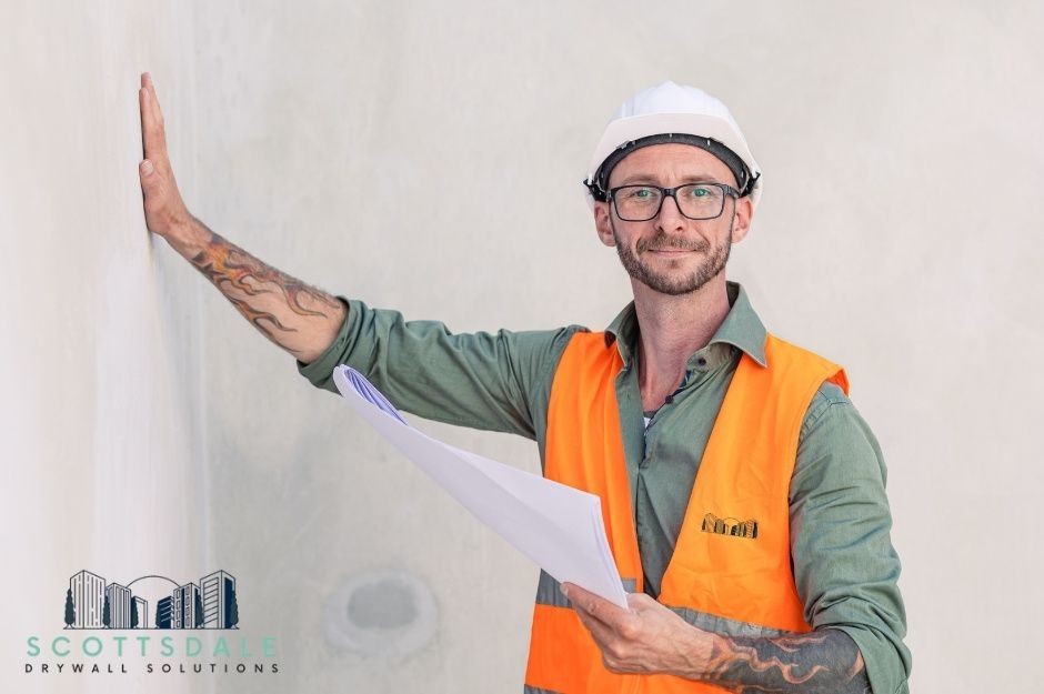 A drywall repair technician wearing a white hard hat, glasses, and an orange high-visibility vest over a green shirt smiles while holding building plans. He has tattoos on his arms and is gesturing with his hand raised at a residential construction site near W Behrend Dr, and N 94th Dr, Peoria, AZ.