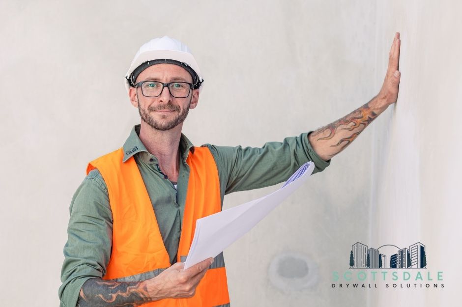 A drywall repair technician, a smiling bearded man wearing a white hard hat, glasses, an orange safety vest over a green shirt, holds blueprints in one hand while gesturing with a tattooed arm raised at a residential construction site near W Sola Ct, and N Hank Raymond Dr, Sun City West, AZ.