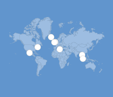 World map with white circles highlighting various locations.