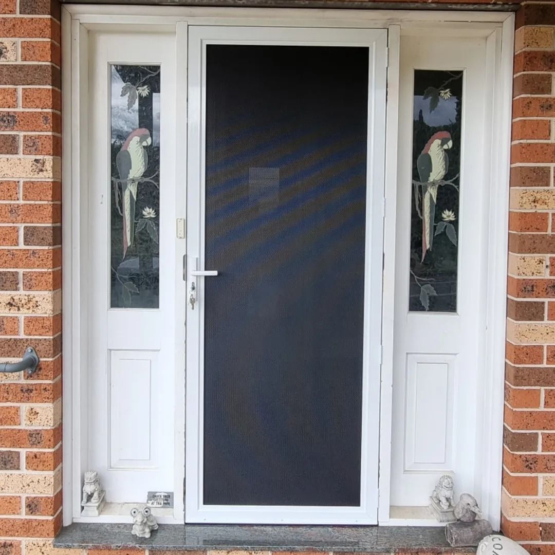 A white door with a screen and two parrots on it