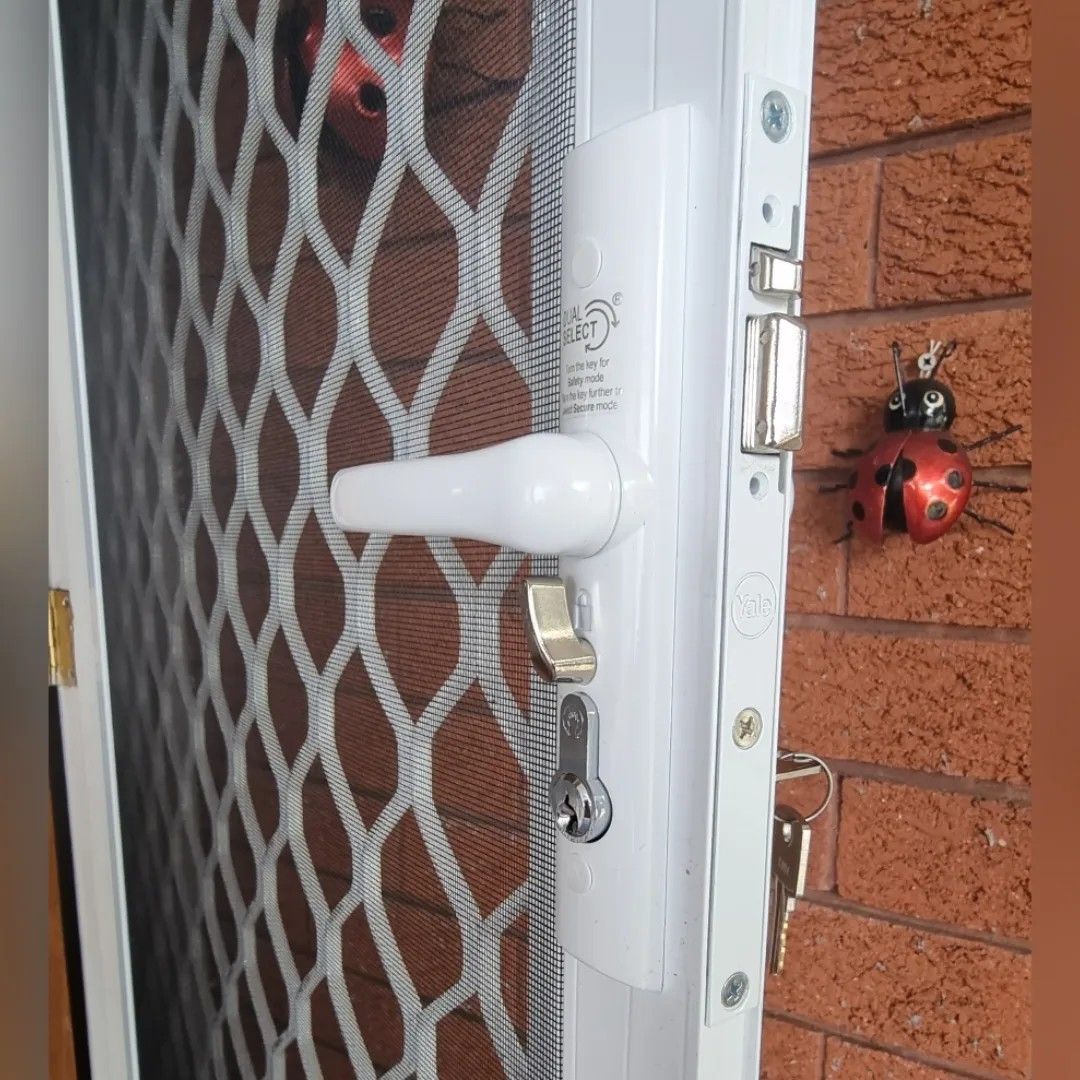 A ladybug is hanging on a brick wall next to a door.