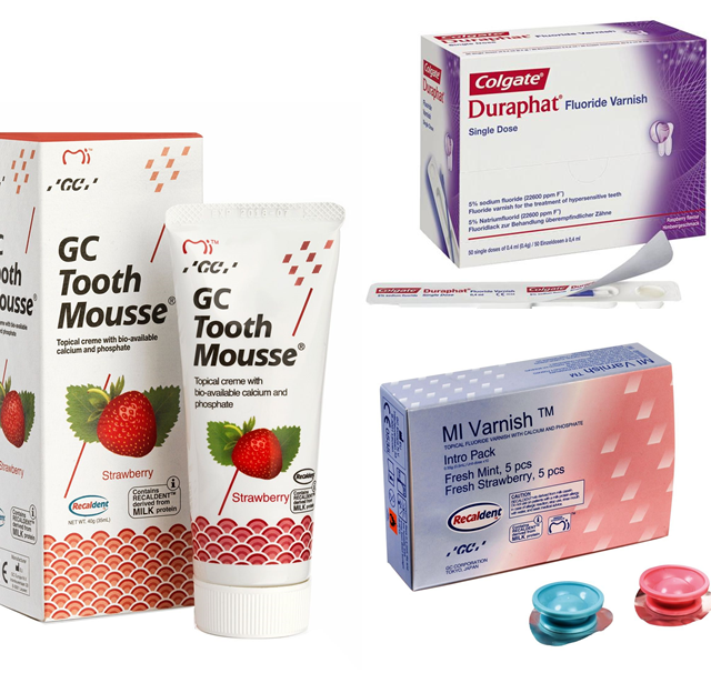 A tube of tooth mousse next to a box of colgate duraphat