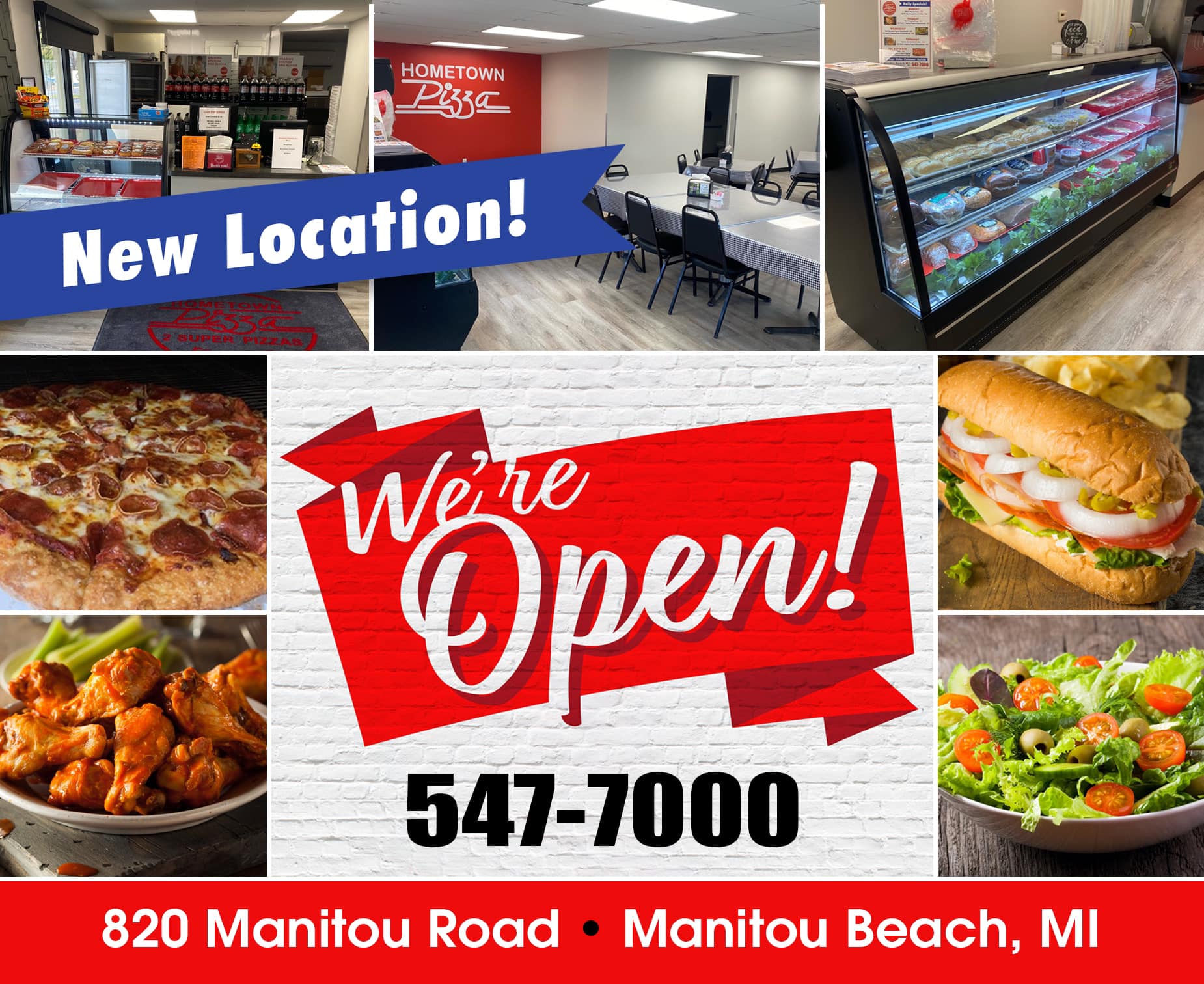 A collage of photos of a restaurant that says `` we 're open ! ''