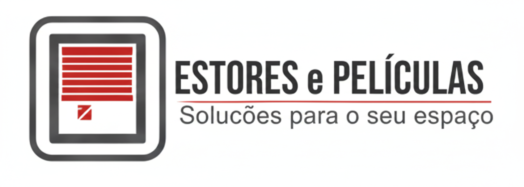 Logo window blind within a gray frame and text that says