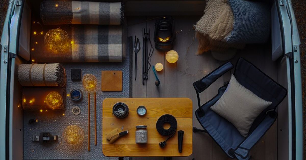 a wooden table with a lantern and other items on it