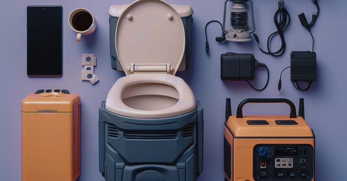 a toilet is surrounded by various items including a phone and a lantern