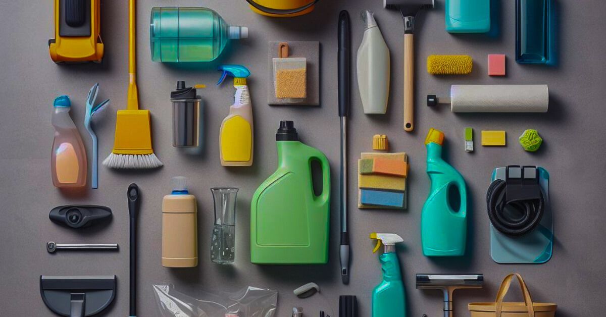 a variety of cleaning supplies are laid out on a table