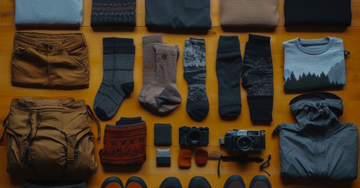 a bunch of clothes and a camera on a wooden table