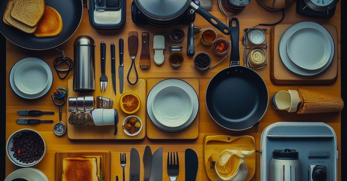 a variety of kitchen utensils are laid out on a wooden table