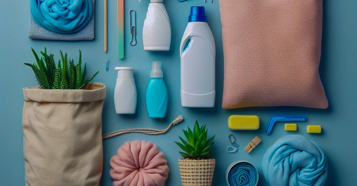 a variety of cleaning supplies are laid out on a blue background