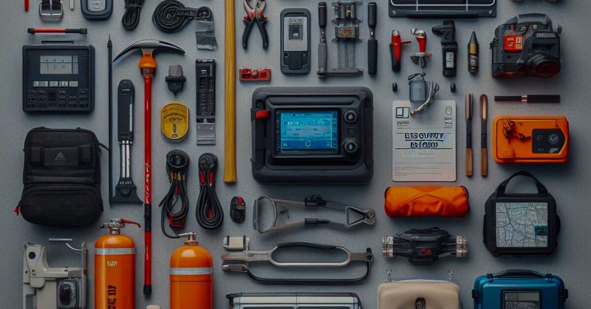 a bunch of tools and a security card on a table